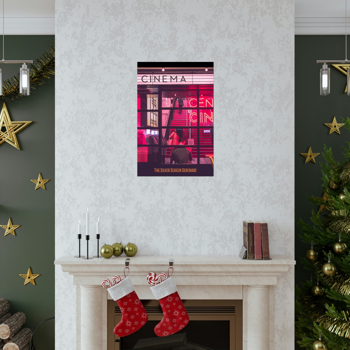 Poster of a cinema with neon lights on a wall above a fireplace with stockings and Christmas decorations.