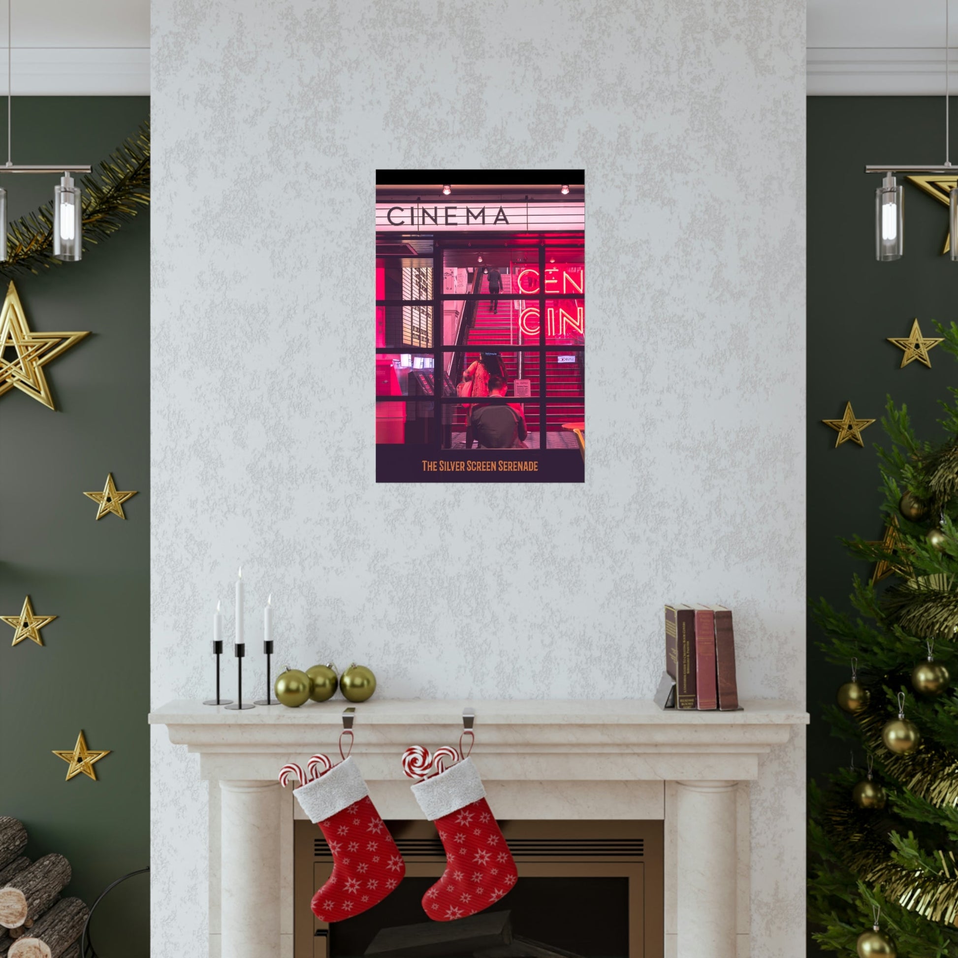 Poster of a cinema with neon lights on a wall above a fireplace with stockings and Christmas decorations.