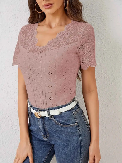Lace Trim Eyelet Embroidered Summer T Shirt