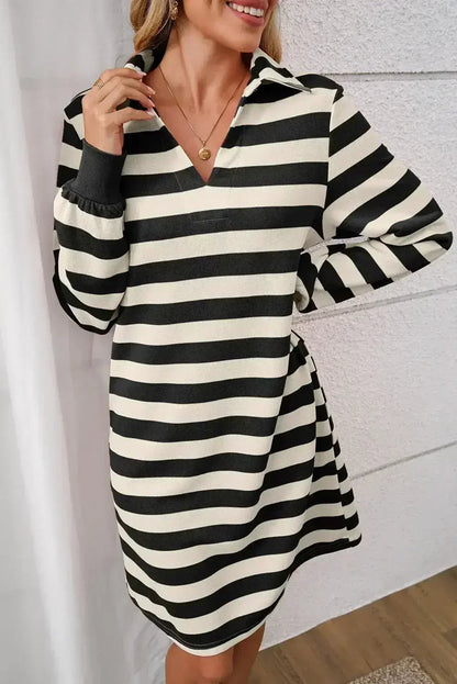 Pink Stripe Pocketed Collared V Neck Loose Fit Mini Dress