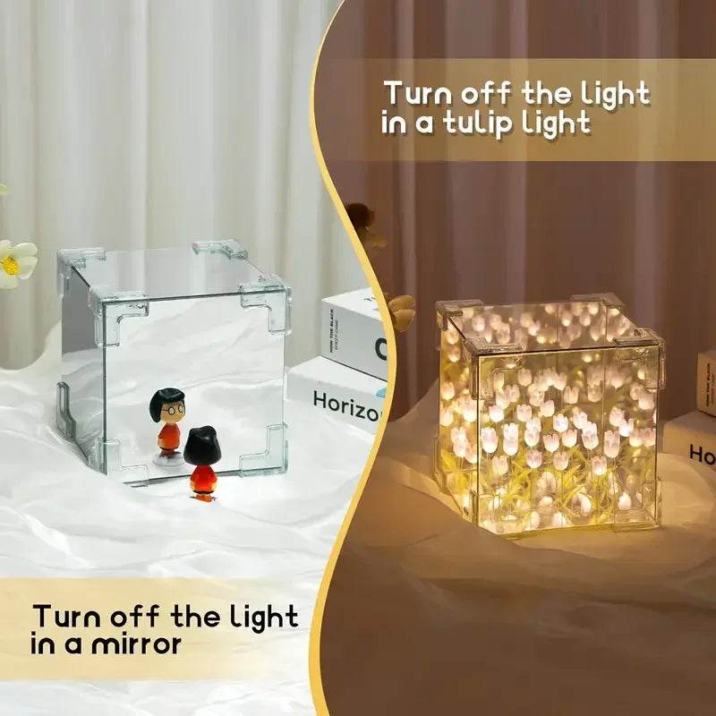 DIY Tulip Mirror Cube Lamp – Handmade Romantic Flower Table Light for Home Decor