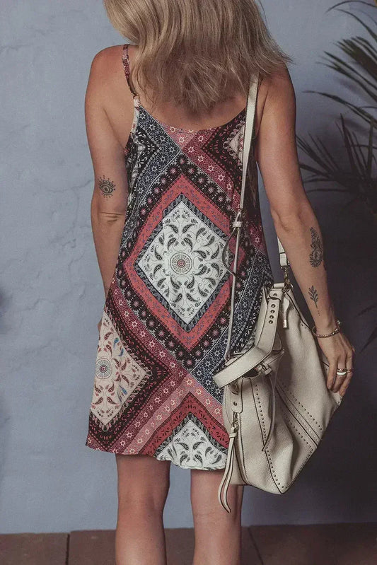 Red Geometric Paisley Print Sleeveless Mini Dress