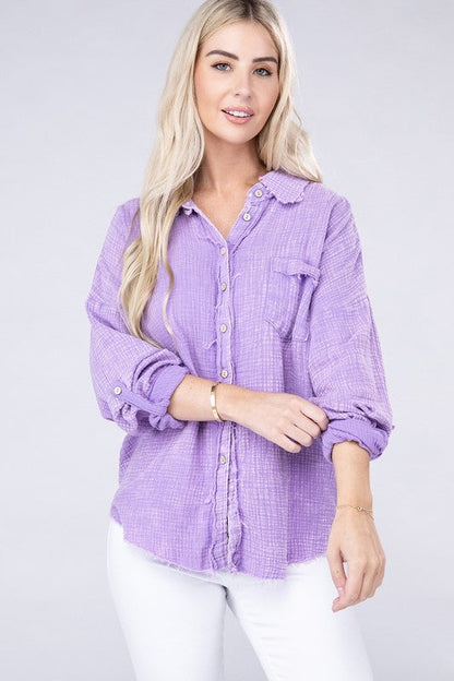 ZENANA Washed Double Gauze Button Down Shirt