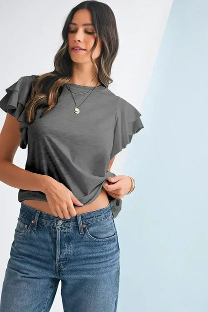 Dark Grey Ruffle Sleeve Plain Blouse | Femstylo