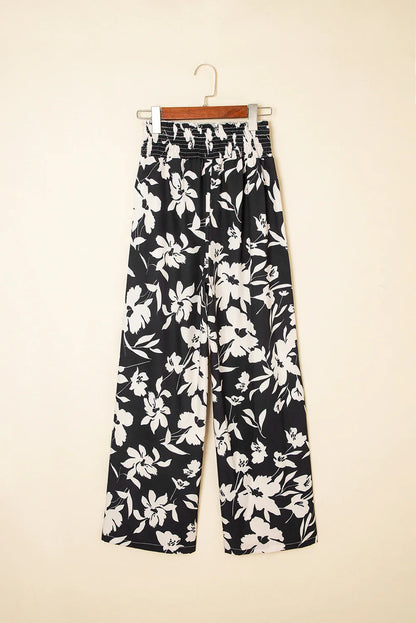 Blue Floral Smocked Frill Waist Wide Leg Pants