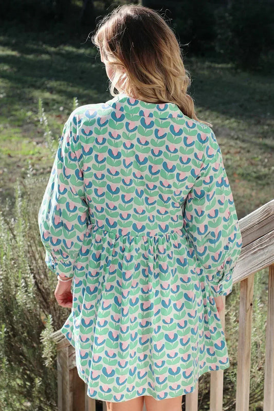 Green Floral Print Scallop Trim Pocket Mini Dress