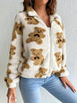 Bear Printed Furry Fleece-lined Warm And Loose Coat