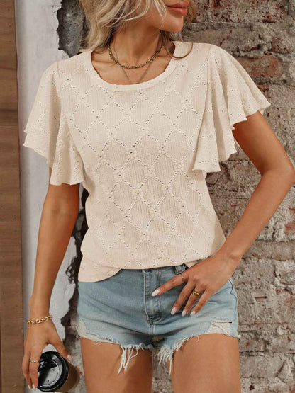Eyelet Flutter Sleeve Top - Round Neck & Stylish Women's Top