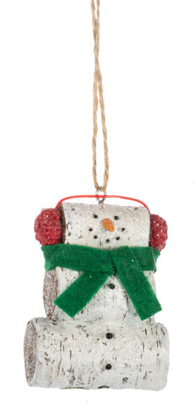 Snowman with Birch Log Ornament -
