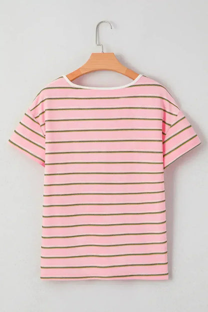 Pink Stripe V Neck Casual T-Shirt