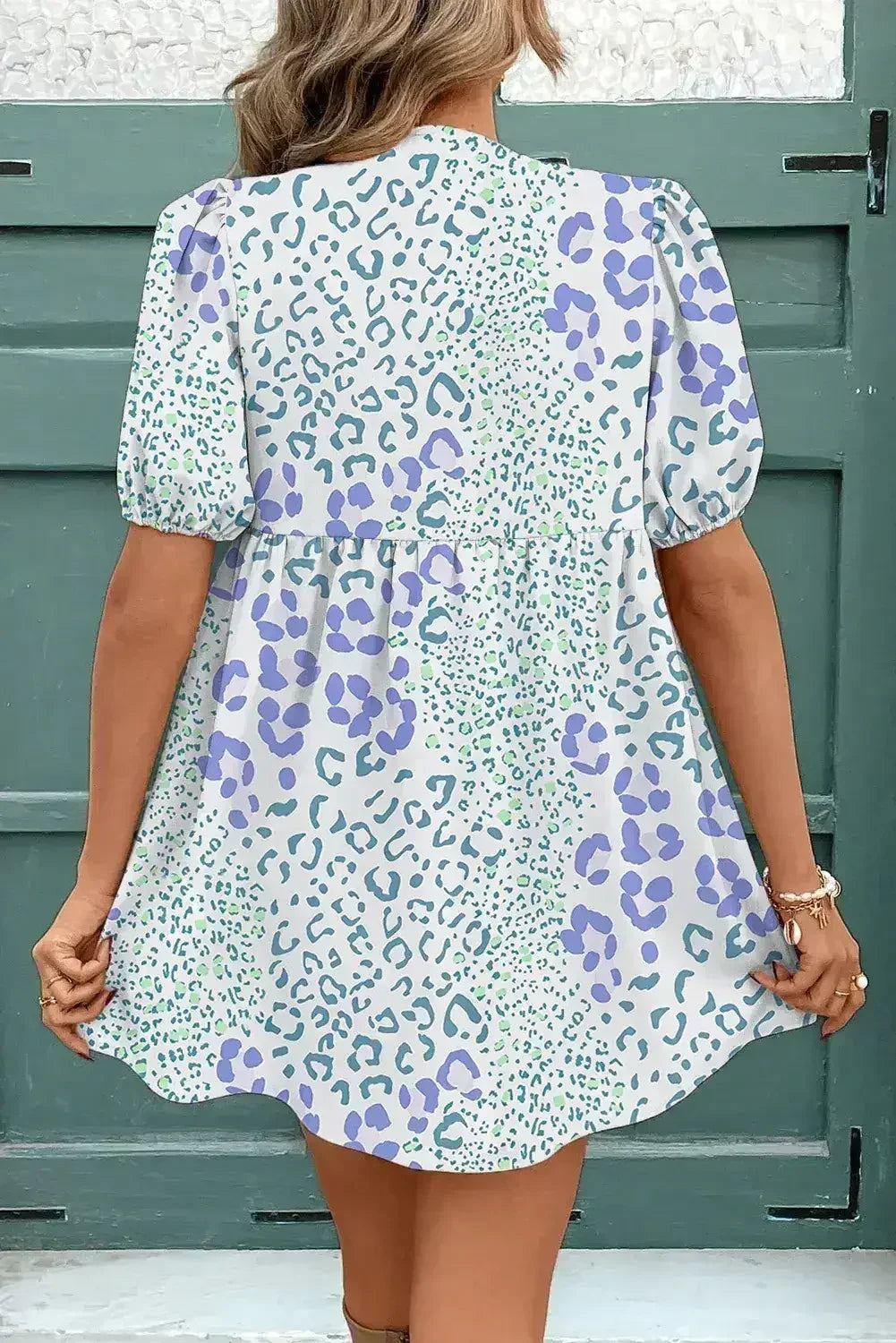 Sky Blue Leopard Bow Front Puff Sleeve Mini Dress