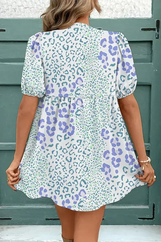 Sky Blue Leopard Bow Front Puff Sleeve Mini Dress