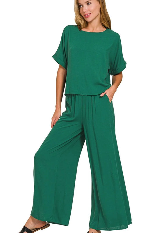 Zenana Round Neck T-Shirt and Wide Leg Pants Set in Green