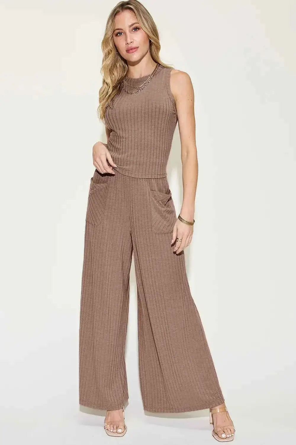 Ribbed Tank and Pants Set with Wide Leg Style