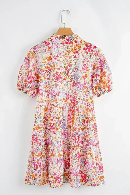 Red Floral Print Notched V Neck Puff Sleeve Tiered Mini Dress