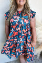 Blue Abstract Print Shirred Ruffled Short Sleeve Tiered Plus Size Mini Dress