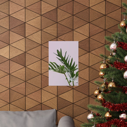 Wooden wall with geometric pattern, plant poster, and decorated Christmas tree.
