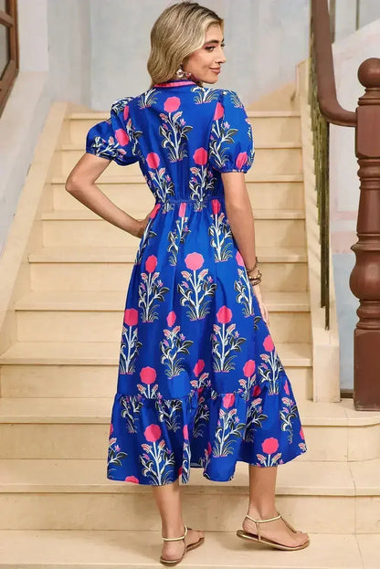 Blue Floral Ruffle Hem Pop of Color Neckline Dress