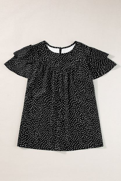 Fiery Red Spotted Print Pleated Ruffle Sleeve Blouse