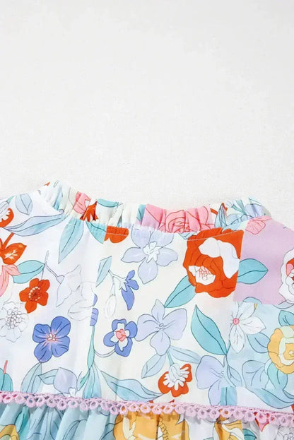 Pink Boho Flower Print Frill Neck Puff Sleeve Blouse | Femstylo