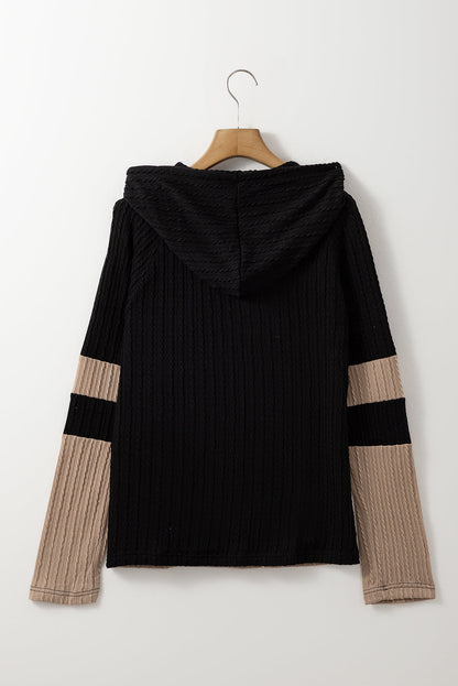 Parchment Textured Patchwork Long Sleeve Hooded Women's Top