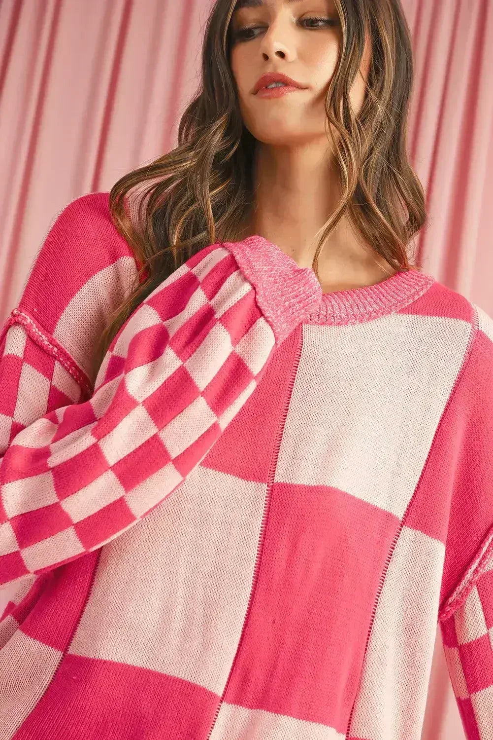 Rose Red Checkered Drop Sleeve Knit Sweater
