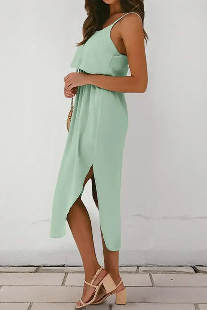 Clearly Aqua Irregular Split Spaghetti Strap Midi Dress