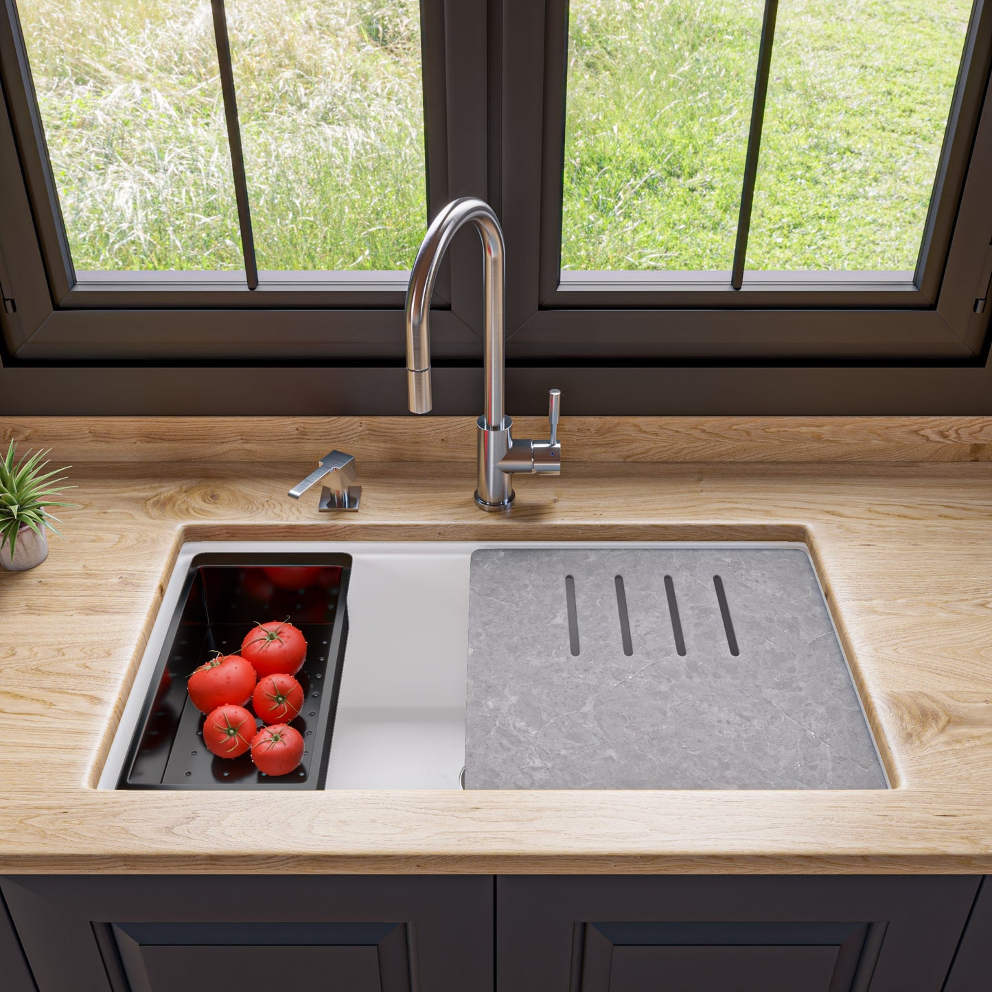 ALFI brand AB3418SBUM 33" Granite Composite Workstation Step Rim Single Bowl Undermount Sink with Accessories