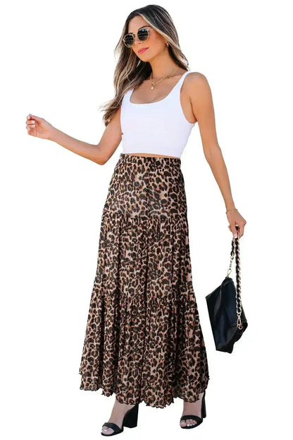 Brown Leopard Floral Reversible Ruffle Hem Maxi Skirt