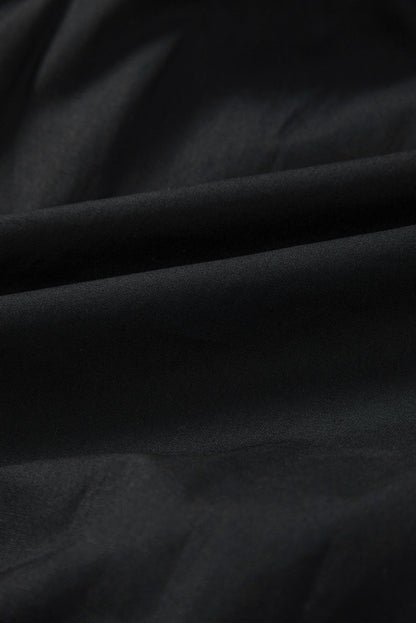 Black Button Down Puff Sleeve Ruched Ruffle Hem Dress