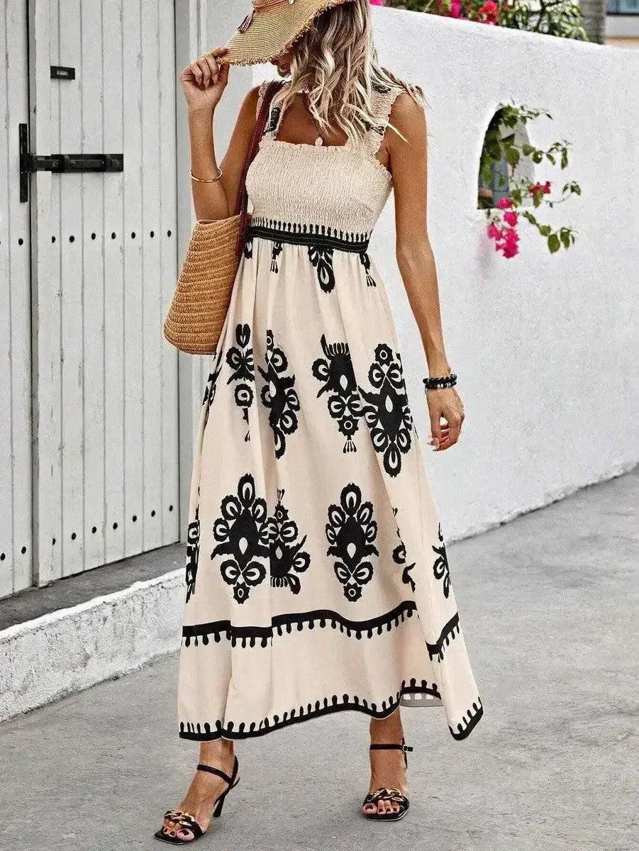 Black Boho Print Smocked Ruffle Sleeveless Maxi Dress