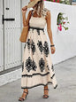 Black Boho Print Smocked Ruffle Sleeveless Maxi Dress