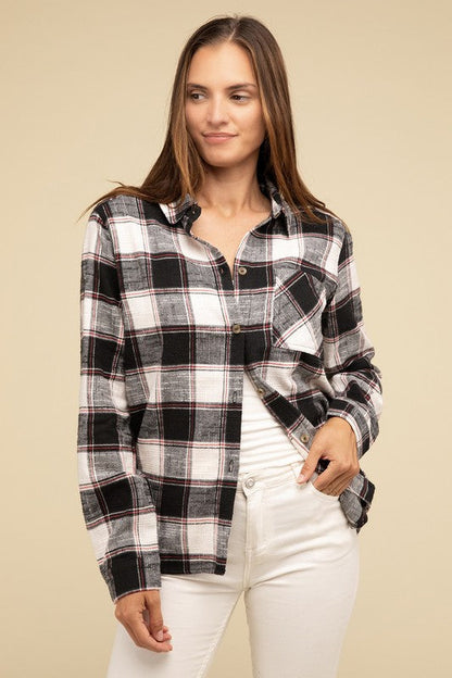 ZENANA Cotton Plaid Shacket With Front Pocket