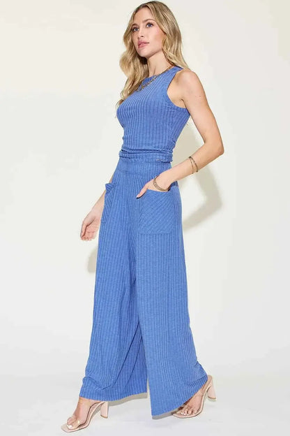 Ribbed Tank and Pants Set with Wide Leg Style