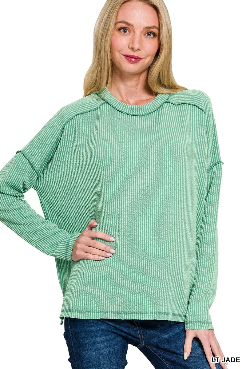 Zenana Exposed Seam Long Sleeve Corded Rib Knit Top in Jade