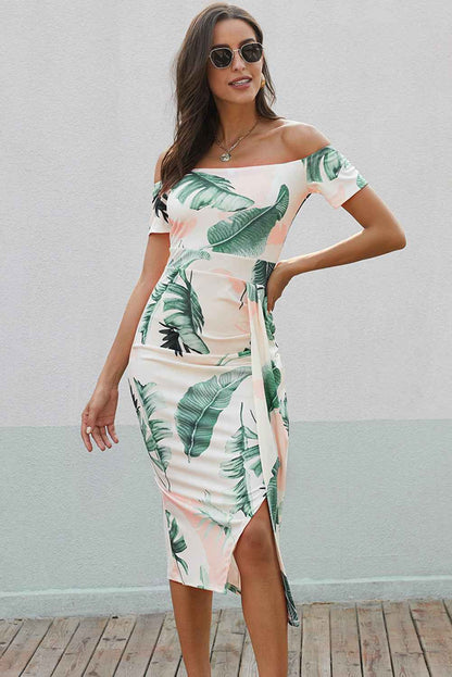 Printed Off-Shoulder Split Dress - Women's Dress