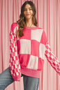 Rose Red Checkered Drop Sleeve Knit Sweater