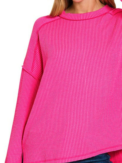 Zenana Exposed Seam Long Sleeve Corded Rib Knit Top in Pink