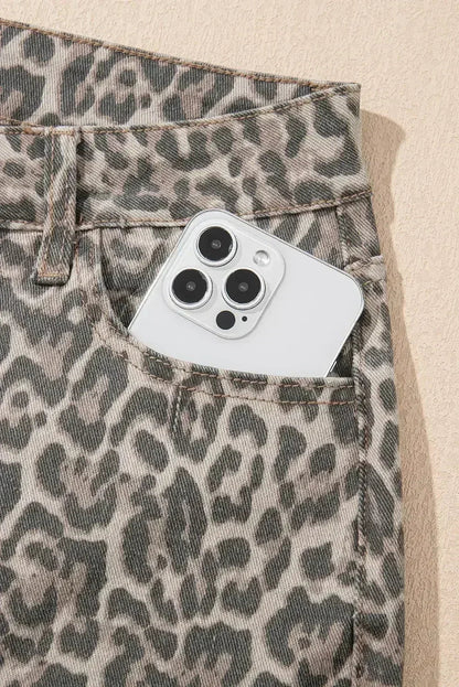 Brown Leopard High Waist Frayed Hem Jeans