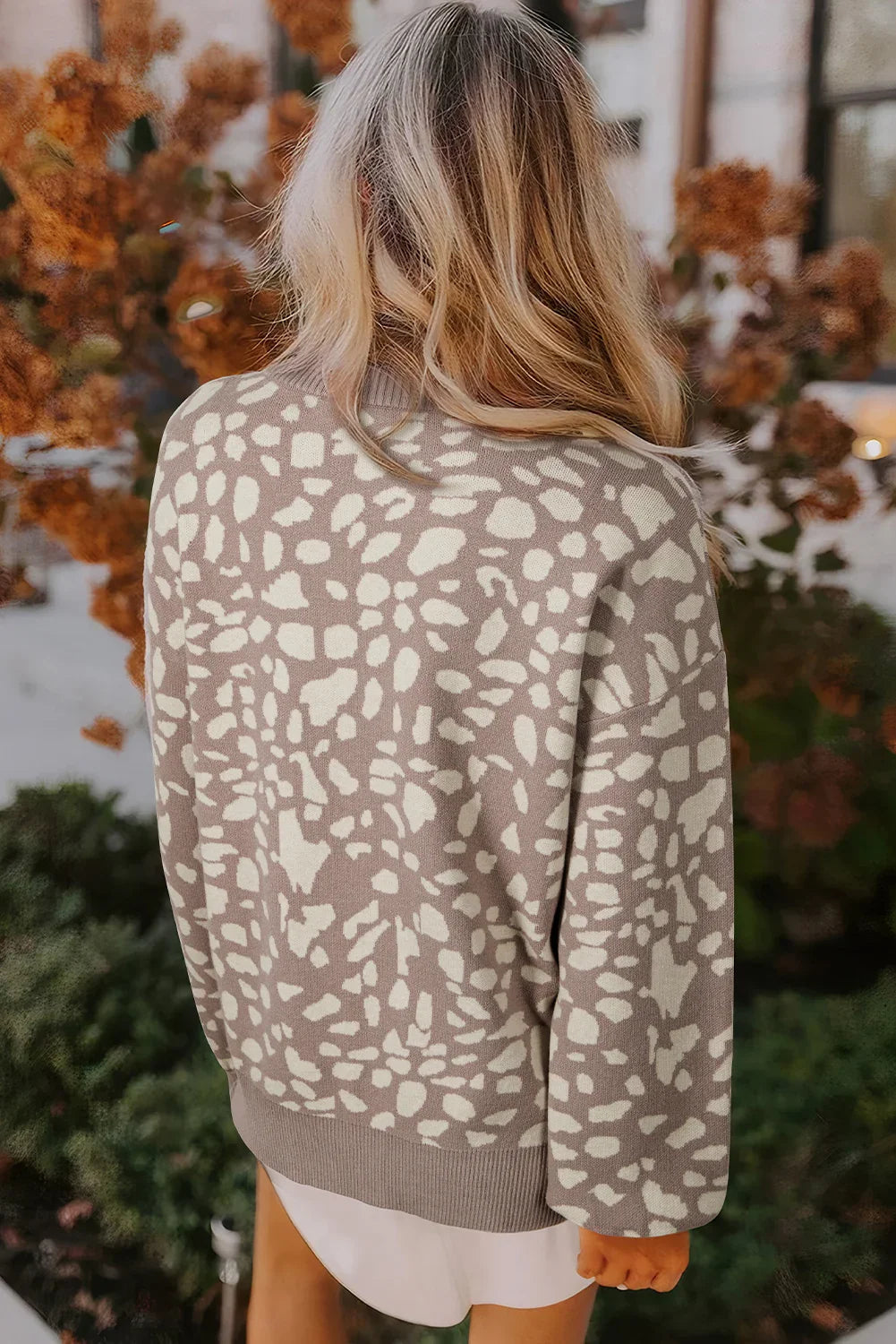 Gray Leopard Spots Pattern Ribbed Trim Drop Shoulder Sweater
