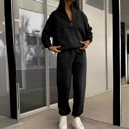 Long-sleeved Sports Sweatsuit Stand-up Collar Zip-up Top And Elastic Band Trousers With Pocket