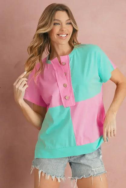 Mint Green Colorblock Half Buttons Henley T Shirt