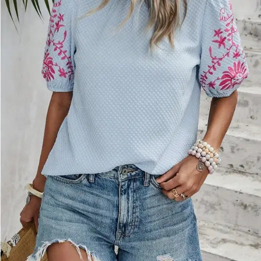Puff Sleeve Embroidered Blouse – Light Blue with Pink Floral Sleeves