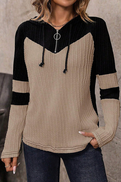 Parchment Textured Patchwork Long Sleeve Hooded Women's Top