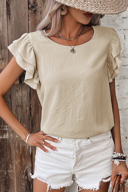 Aqua Ruffle Sleeve Blouse - Clearly Aqua Solid Color Crinkled Top