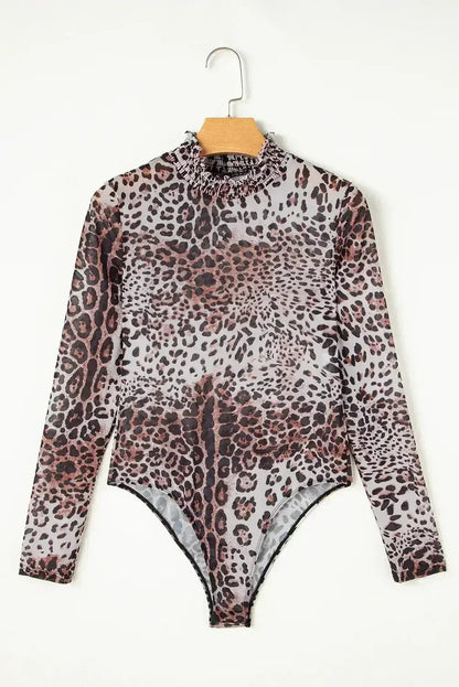 Brown Leopard Print Mesh Bodysuit Smocked Neck - Femstylo