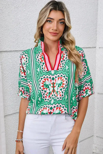 Sea Green Boho Geometric Print Color Neckline Blouse | Femstylo