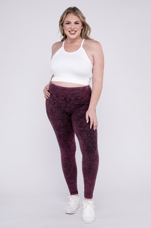 ZENANA Plus Mineral Washed Wide Waistband Yoga Leggings