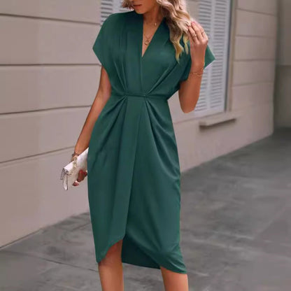 Summer Batwing Sleeve Dress - Stylish V-neck Pleated Short Sleeve Dress for Women