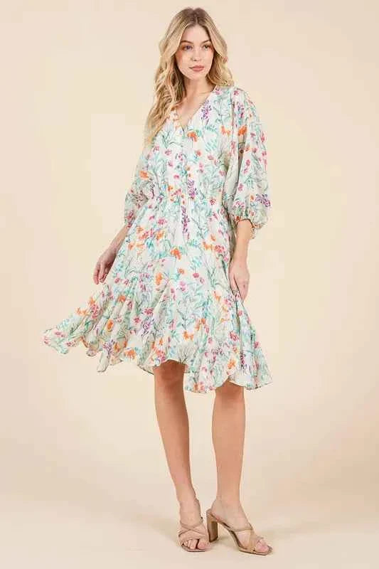 Lime and Chili Dress with Cinched Waist and Balloon Sleeves
